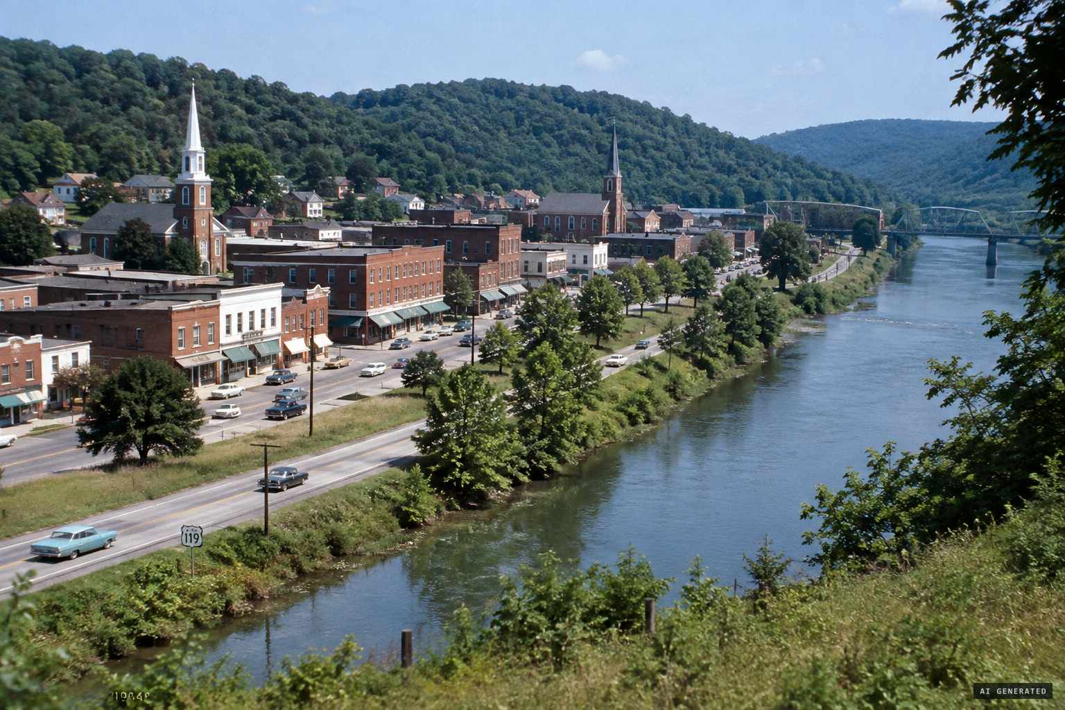 Grafton on the Tygart Valley River, with Route 119 – Riverside Drive – following the water