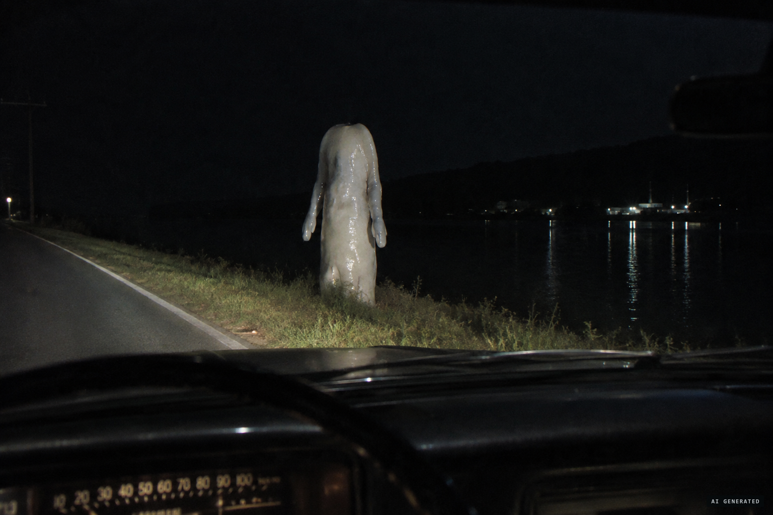 Cockrell's headlights catch a huge white, headless figure on the grass by the river