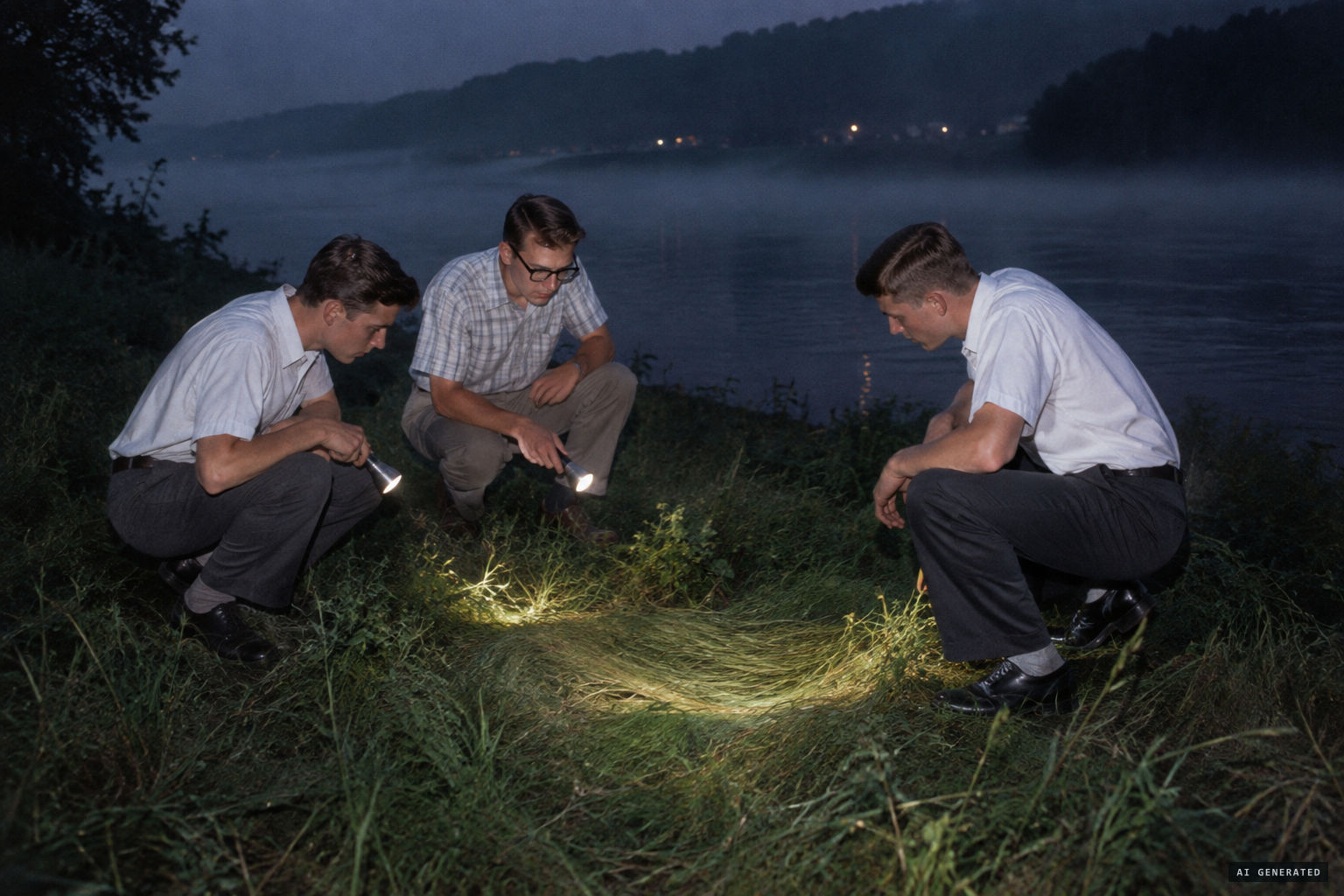 Cockrell, Morse and Mouser find flattened grass, no tracks, and a whistling from the river