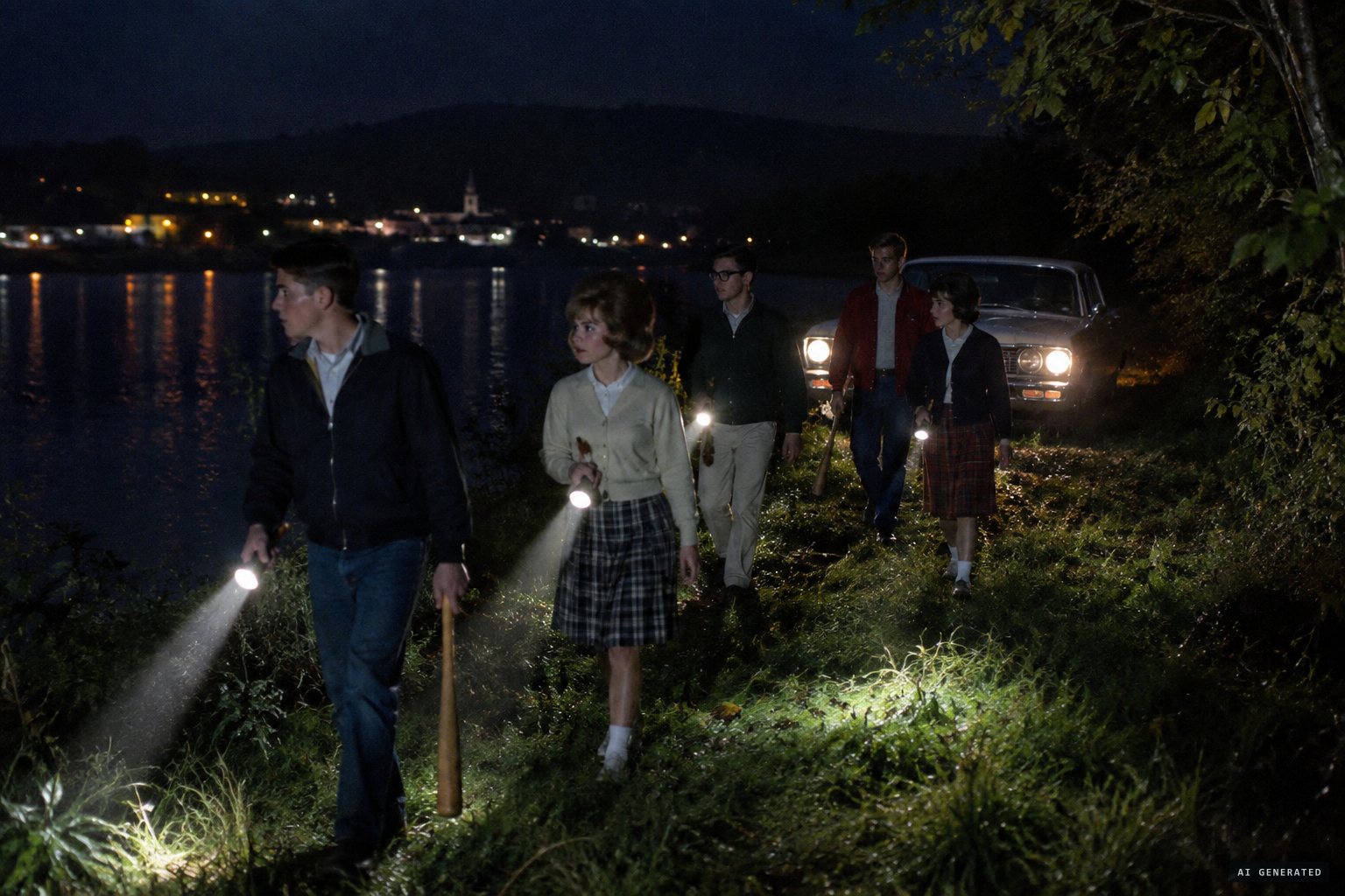 Teen-age monster hunting parties with flashlights and baseball bats