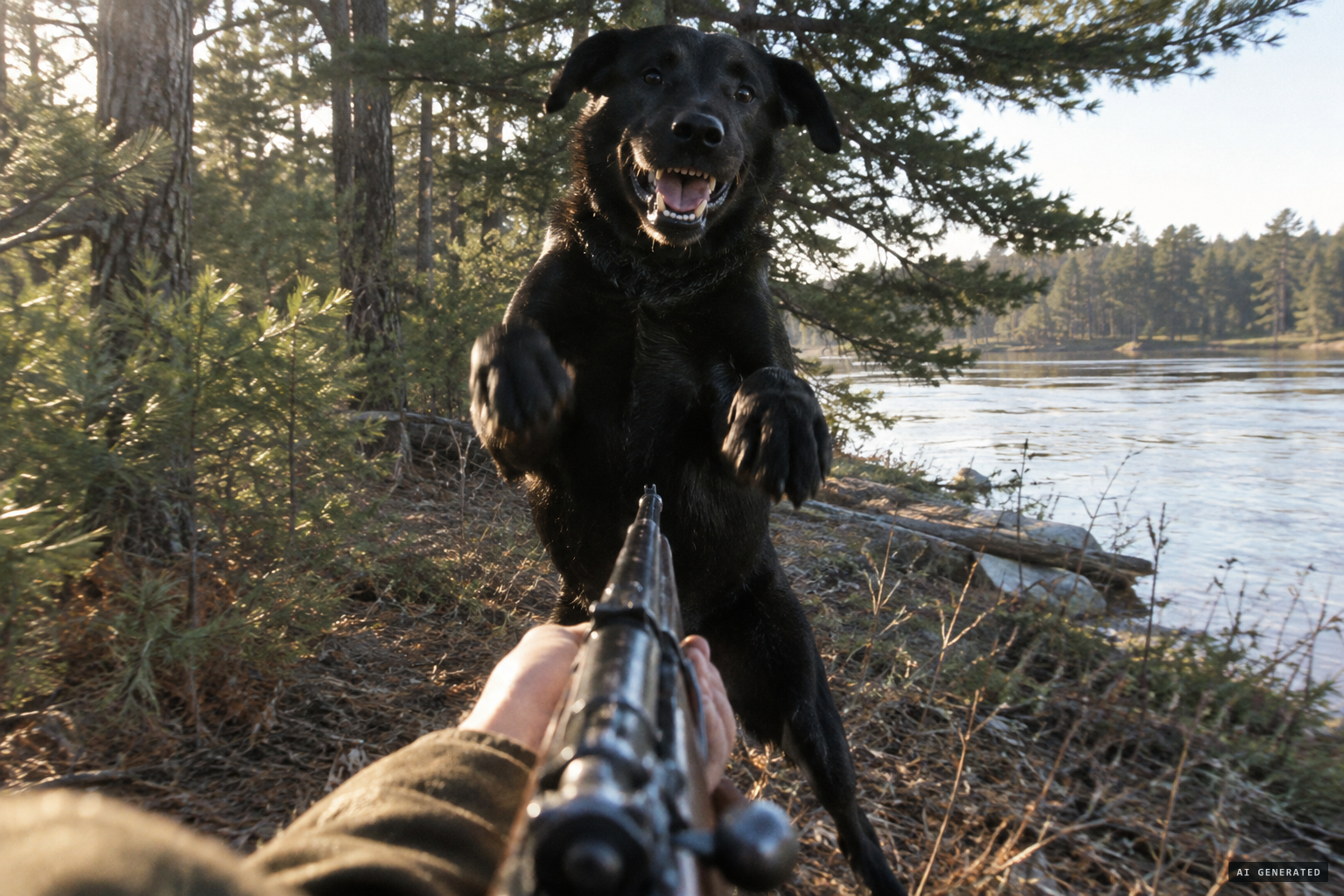 The black dog rears onto its hind legs and seems to smile