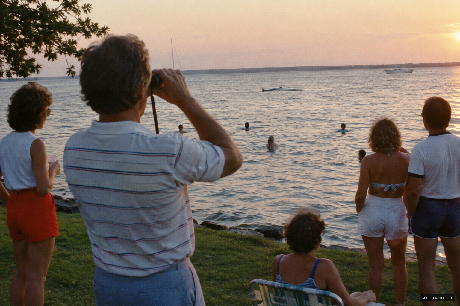 Around 7:30 p.m., Robert Frew watches something in the water through binoculars