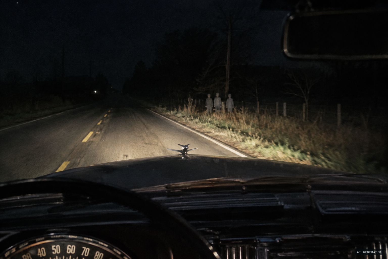 Hunnicutt's headlights pick out three short figures beside the road