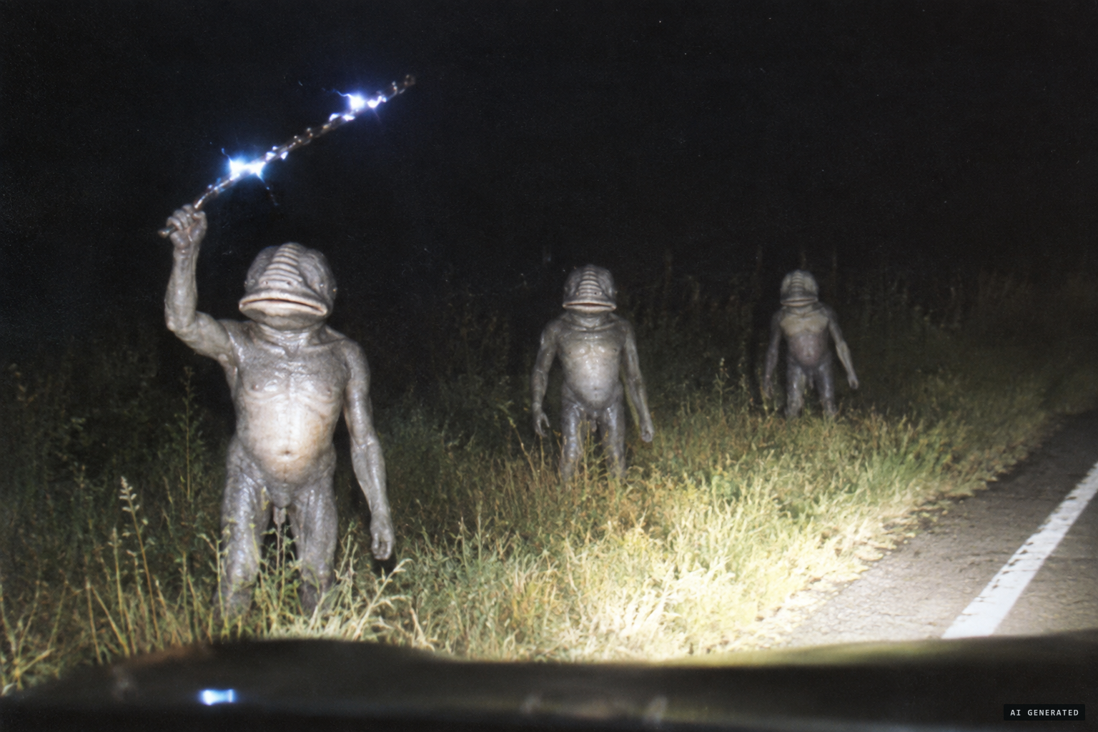 Grey frog-mouthed figures, one holding a sparking rod overhead