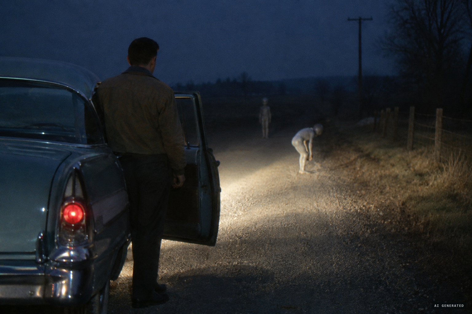 Hunnicutt leaves the car and watches as the figure bends to its ankles