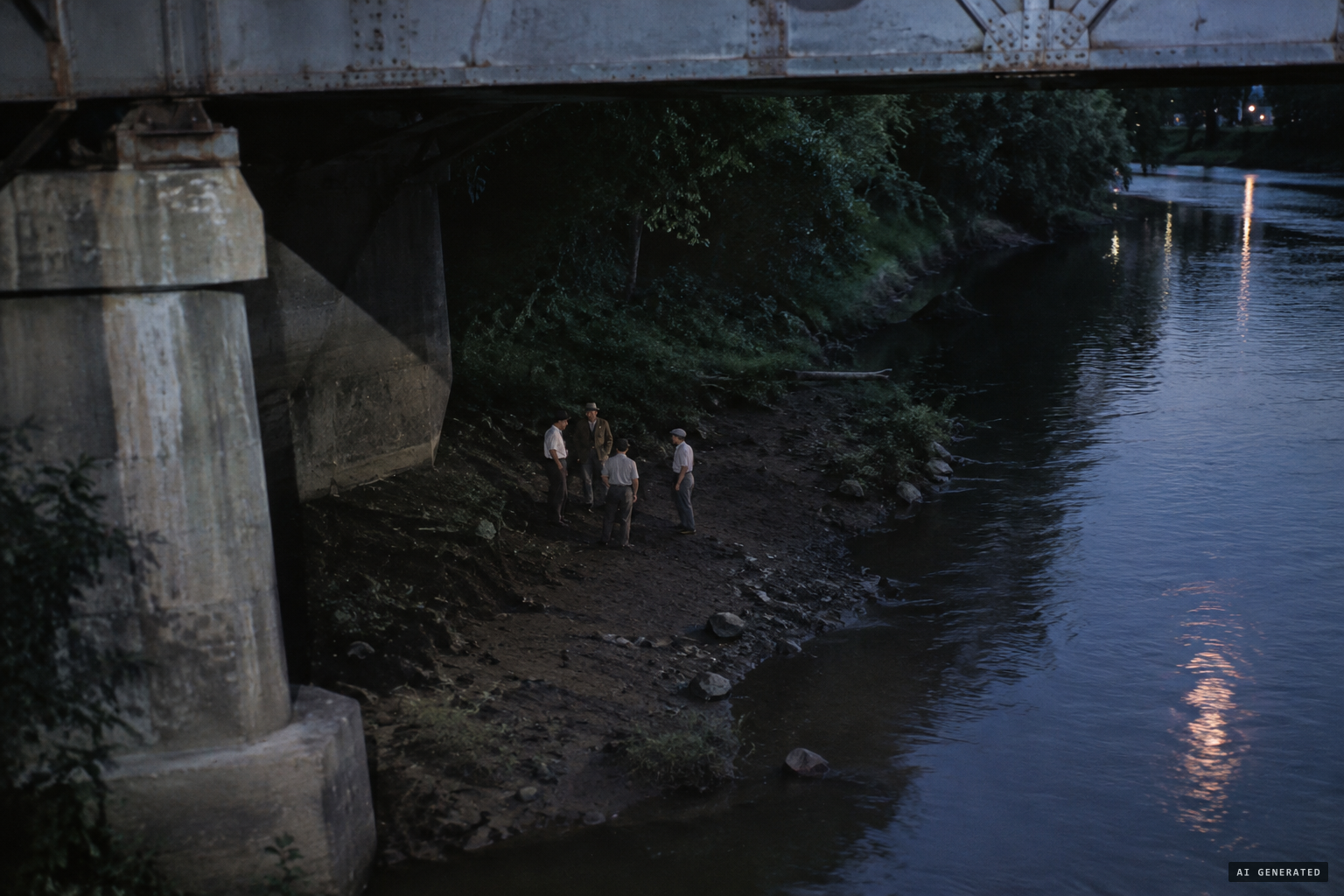 Four small men on the riverbank under the Loveland bridge