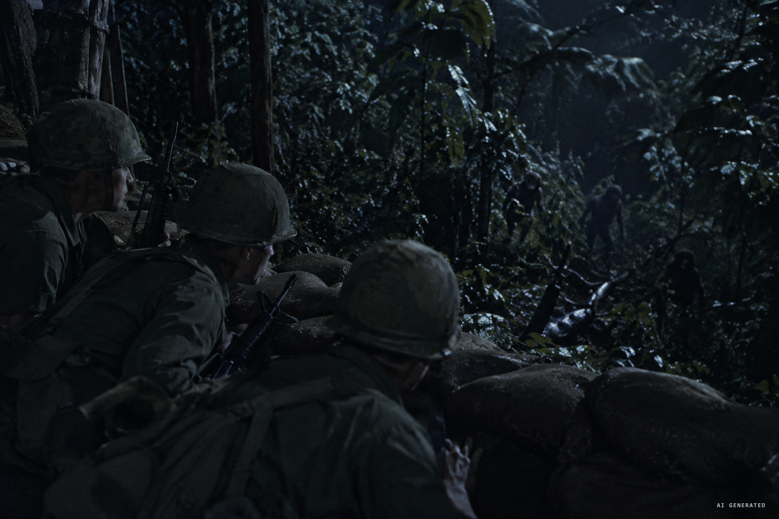 In the dark, movement in the foliage all around the Marines' position.