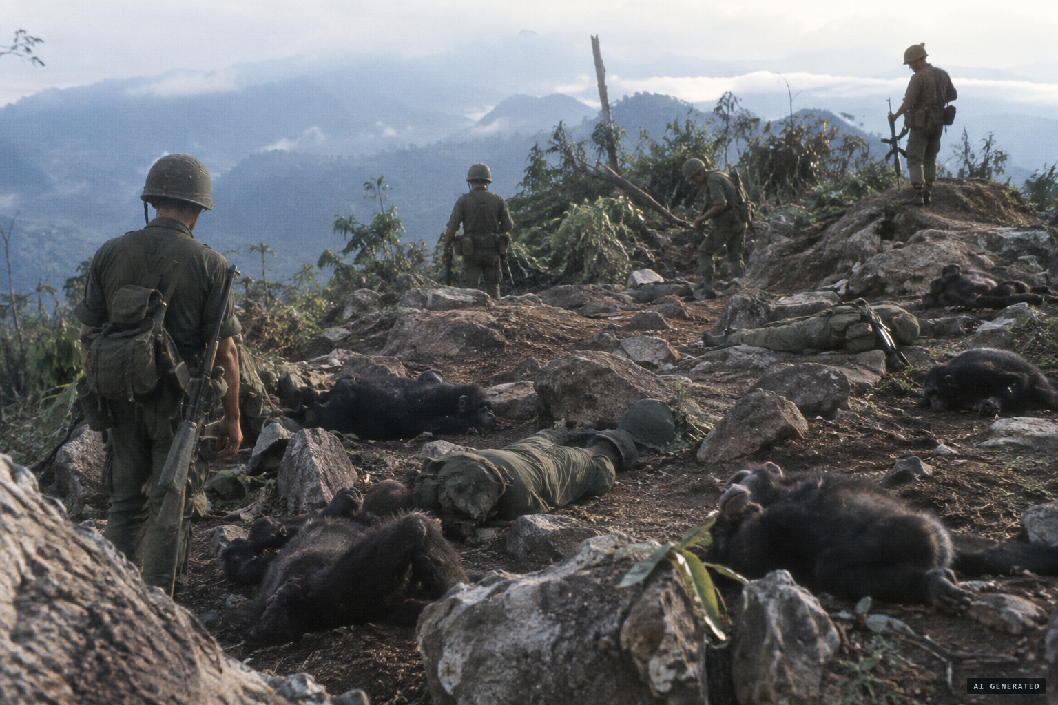 The recon squad finds dead rock apes and unconscious Marines on the summit.