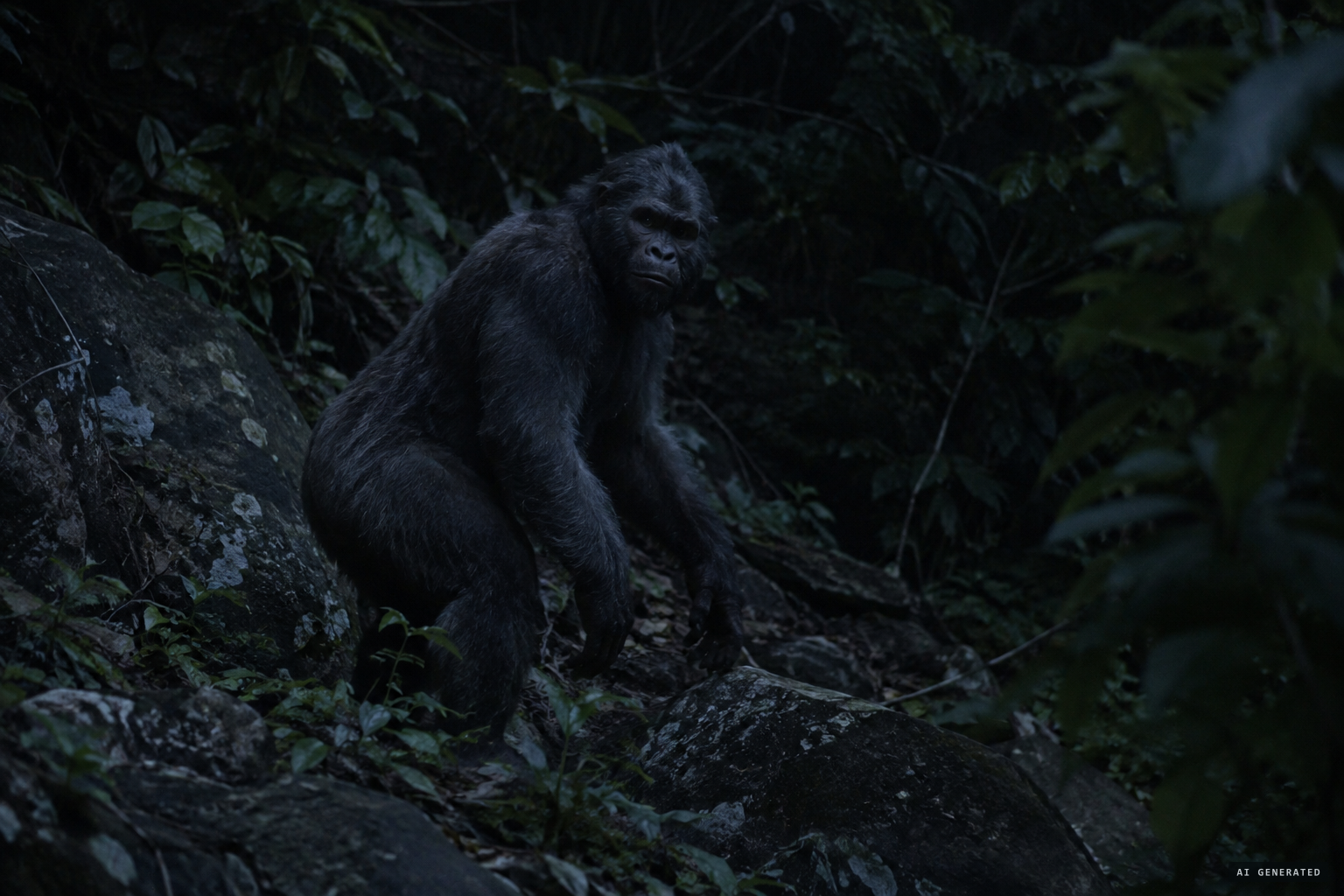 The rock ape profile: 4 to 6 feet, muscular, reddish to black hair, tail-less, gray in the dark.
