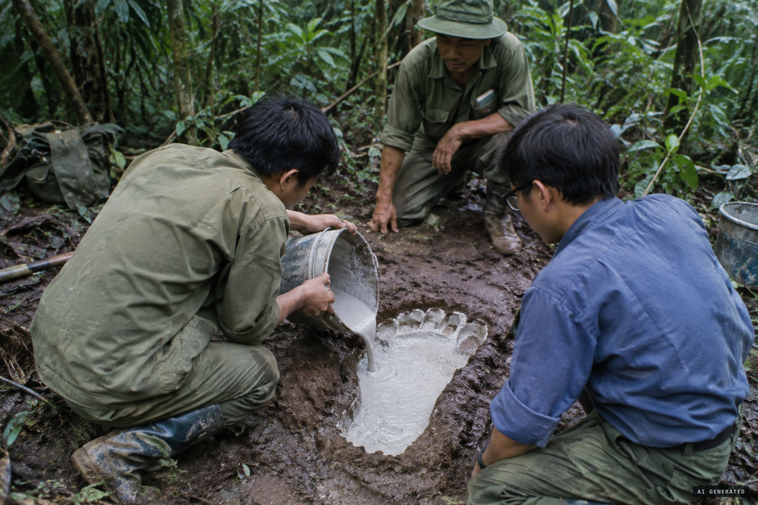 Vietnamese scientists search for người rừng and cast footprints.