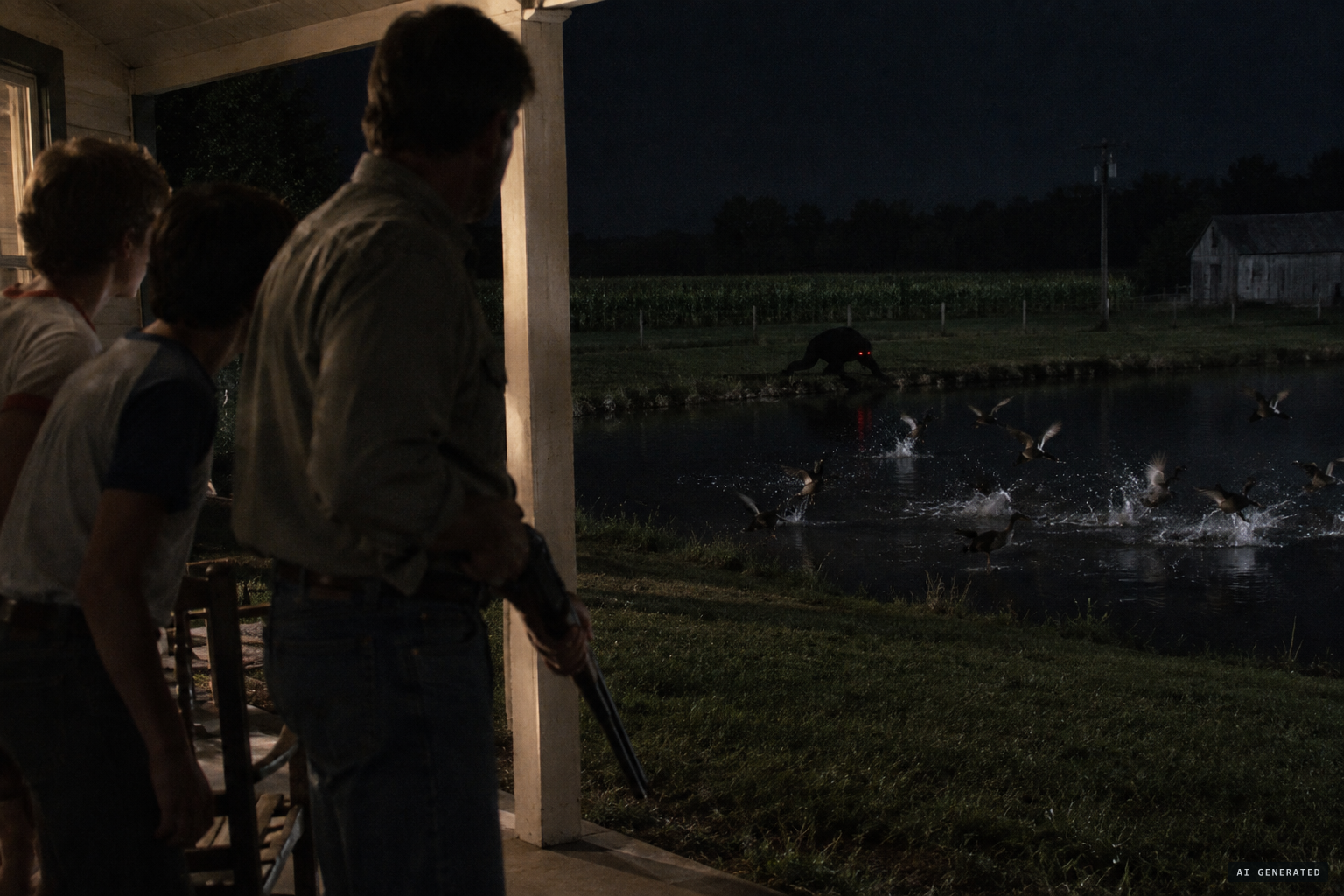 Robert and two sons see a black form with red eyes going after the ducks