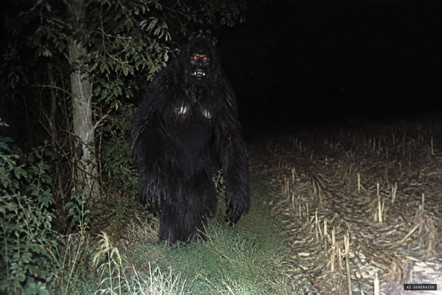 Gorilla-like, black and shaggy, with fangs and glowing red eyes the size of baseballs