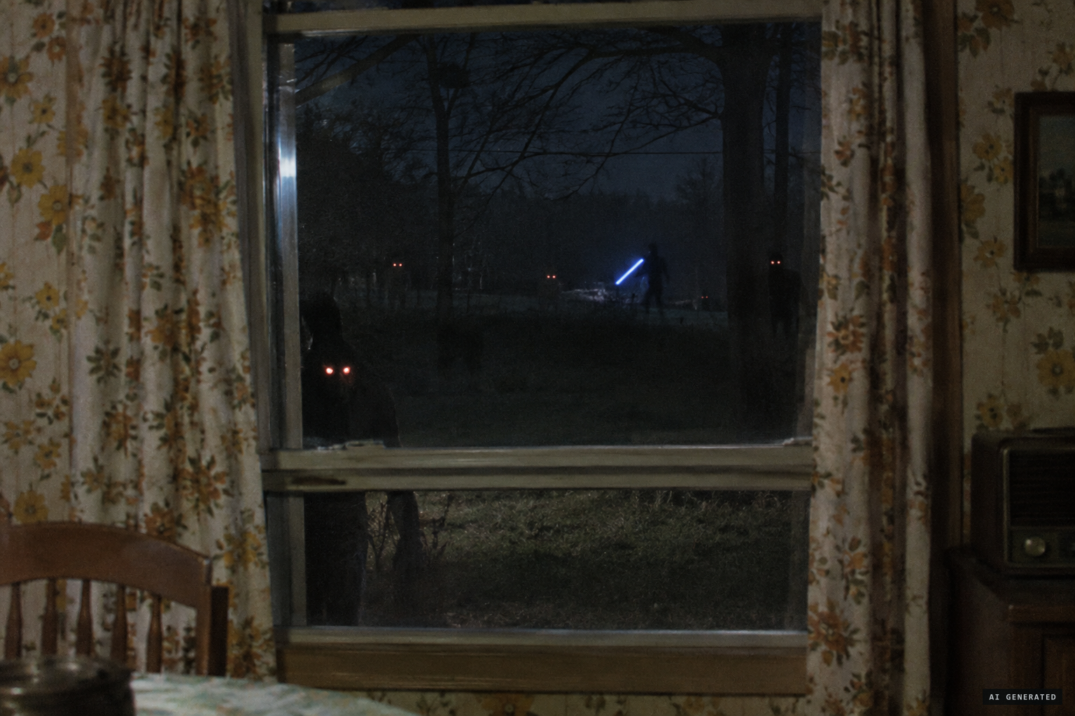 Glowing eyes and black forms at the windows; one waves a blue light