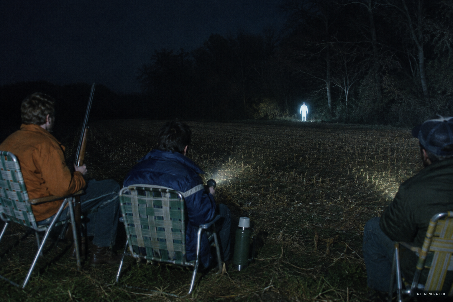 On overnight watch, a glowing form steps out of the woods across the field