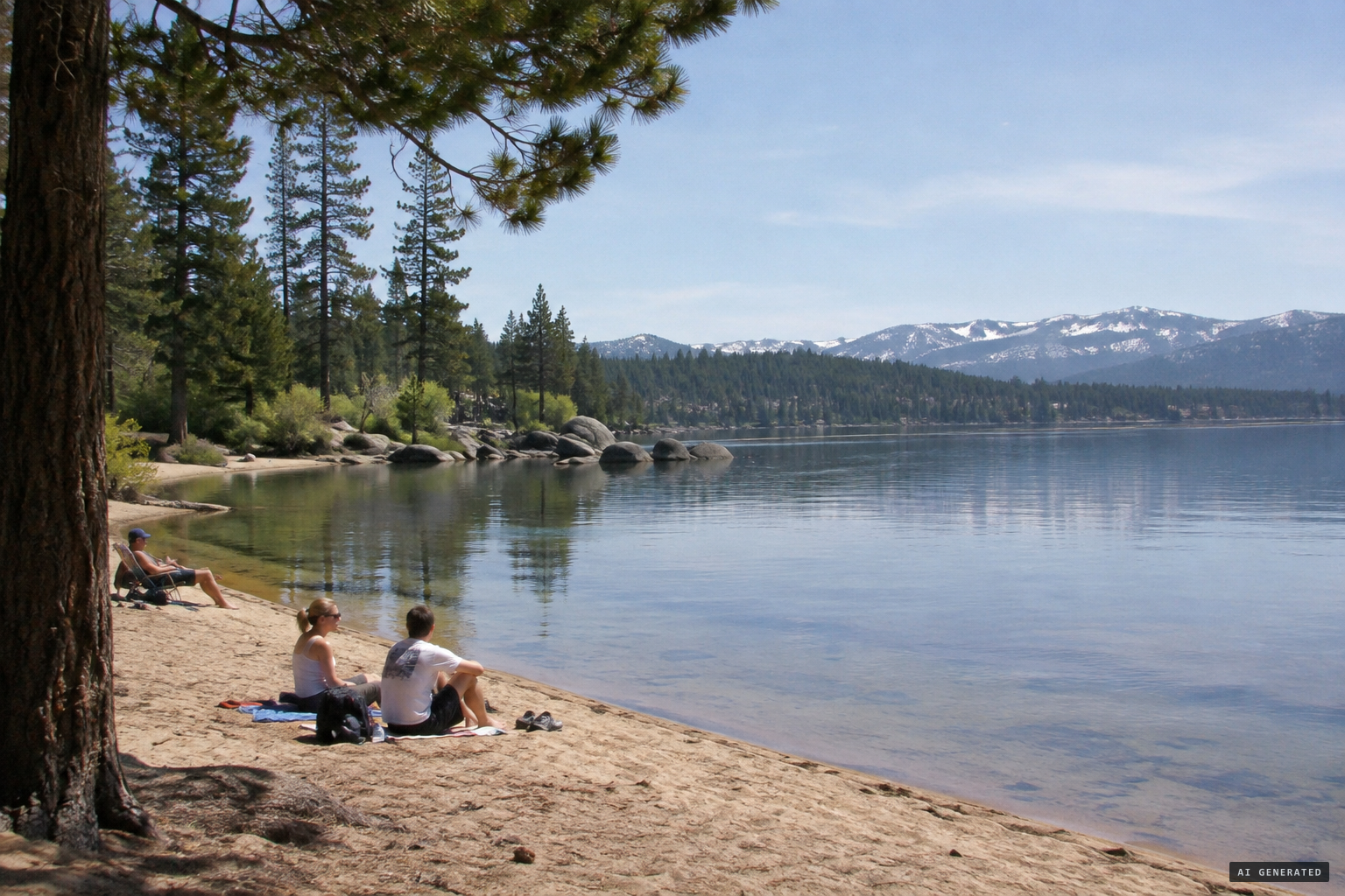 Tahoe Park Beach on a placid April afternoon