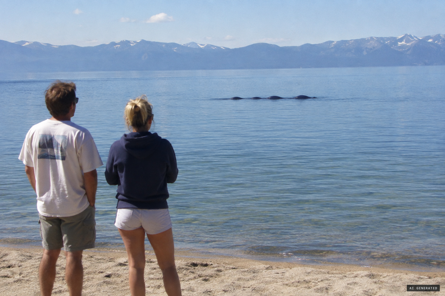 A dark shape with three to five humps, about 100 yards offshore