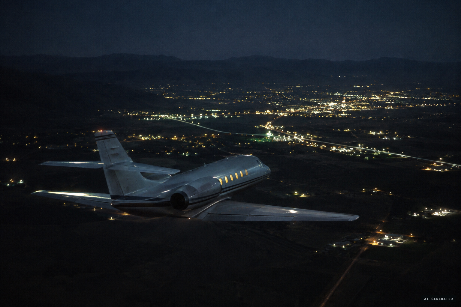 The governor's Cessna Citation approaching Bakersfield at night, 1974