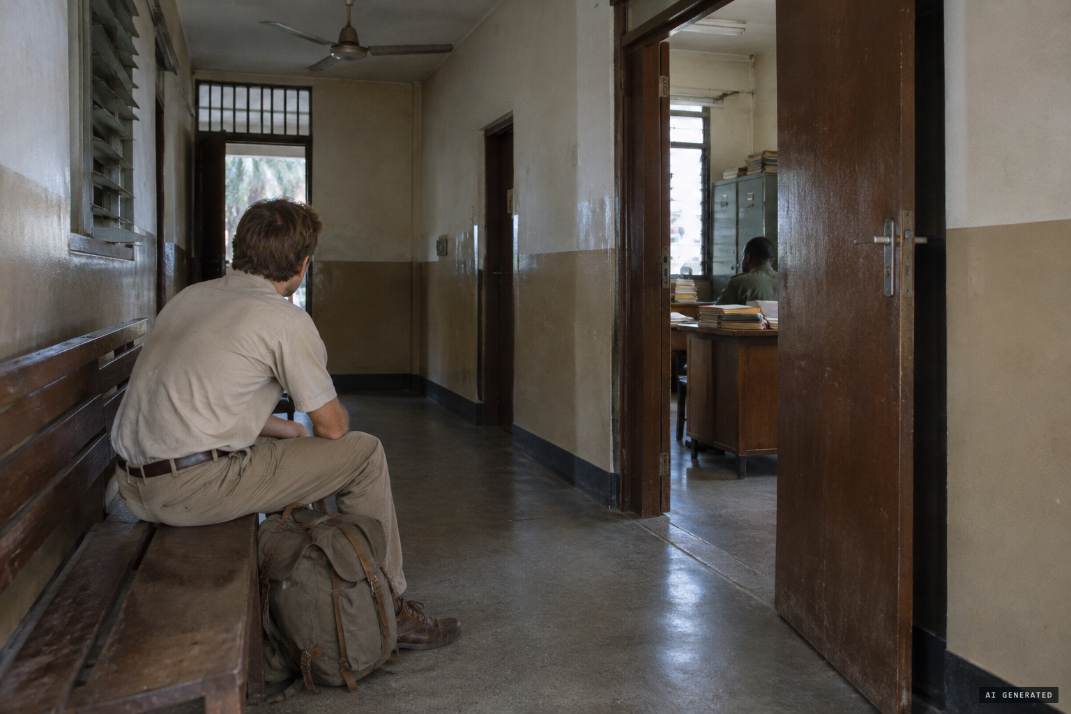 Nugent, travelling alone, waits about 40 days in Brazzaville for his permits