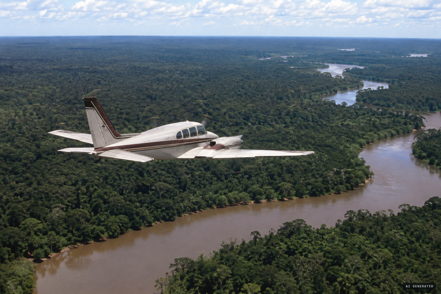 A twin-engine Cessna carries him north over the swamp forest