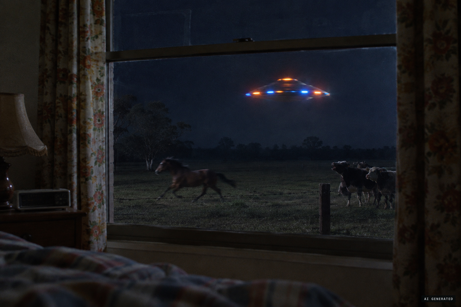 Woken by a screeching whistle, Blackwell sees a domed craft cross his window