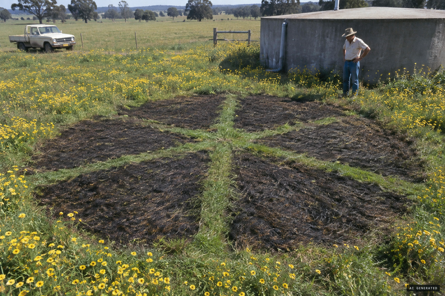 The ring of flattened, blackened grass with six undamaged spokes