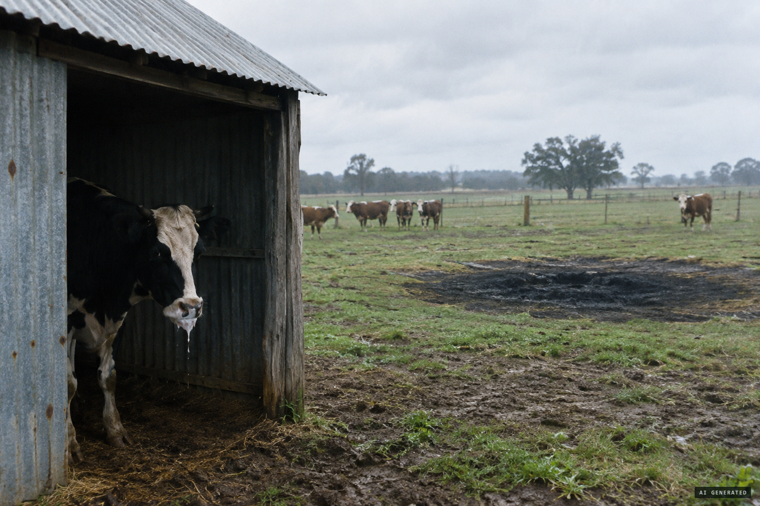 A frothing cow hides under a shed; the cattle avoid the site