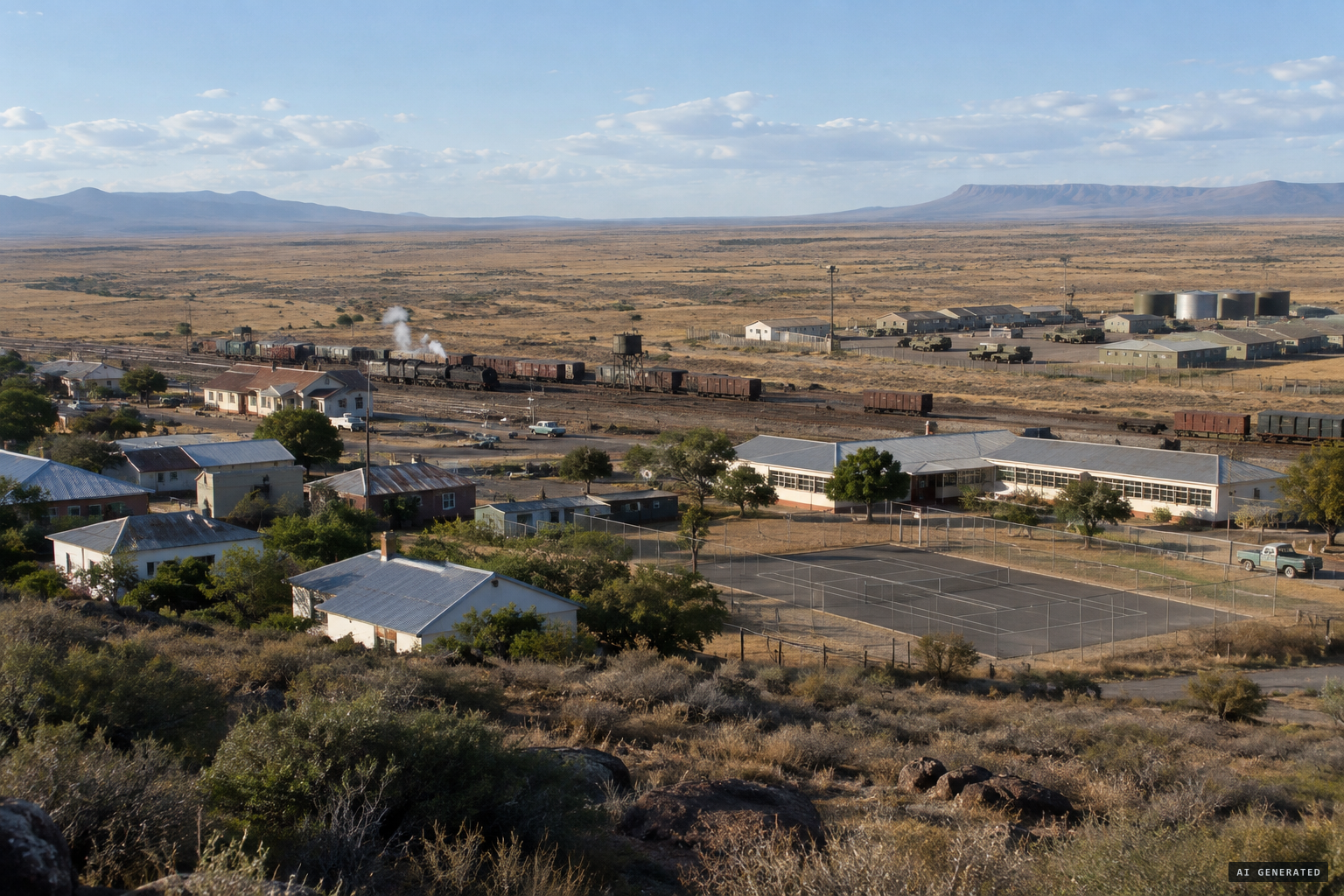 Rosmead, a Karoo railway village with its junior school tennis court and nearby military camp