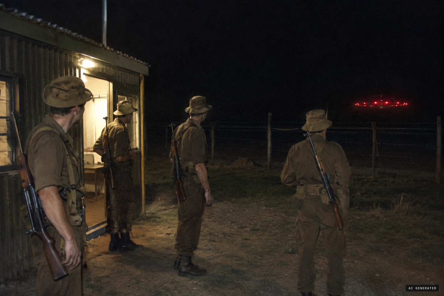 Soldiers on guard see a rotating set of red lights near their duty room
