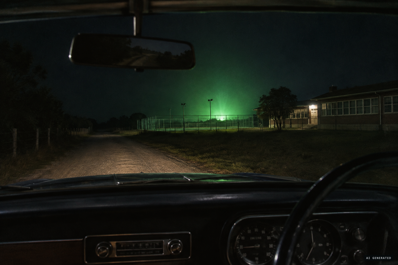 In the 2018 retelling, Truter, driving, notices a green glow over the tennis courts