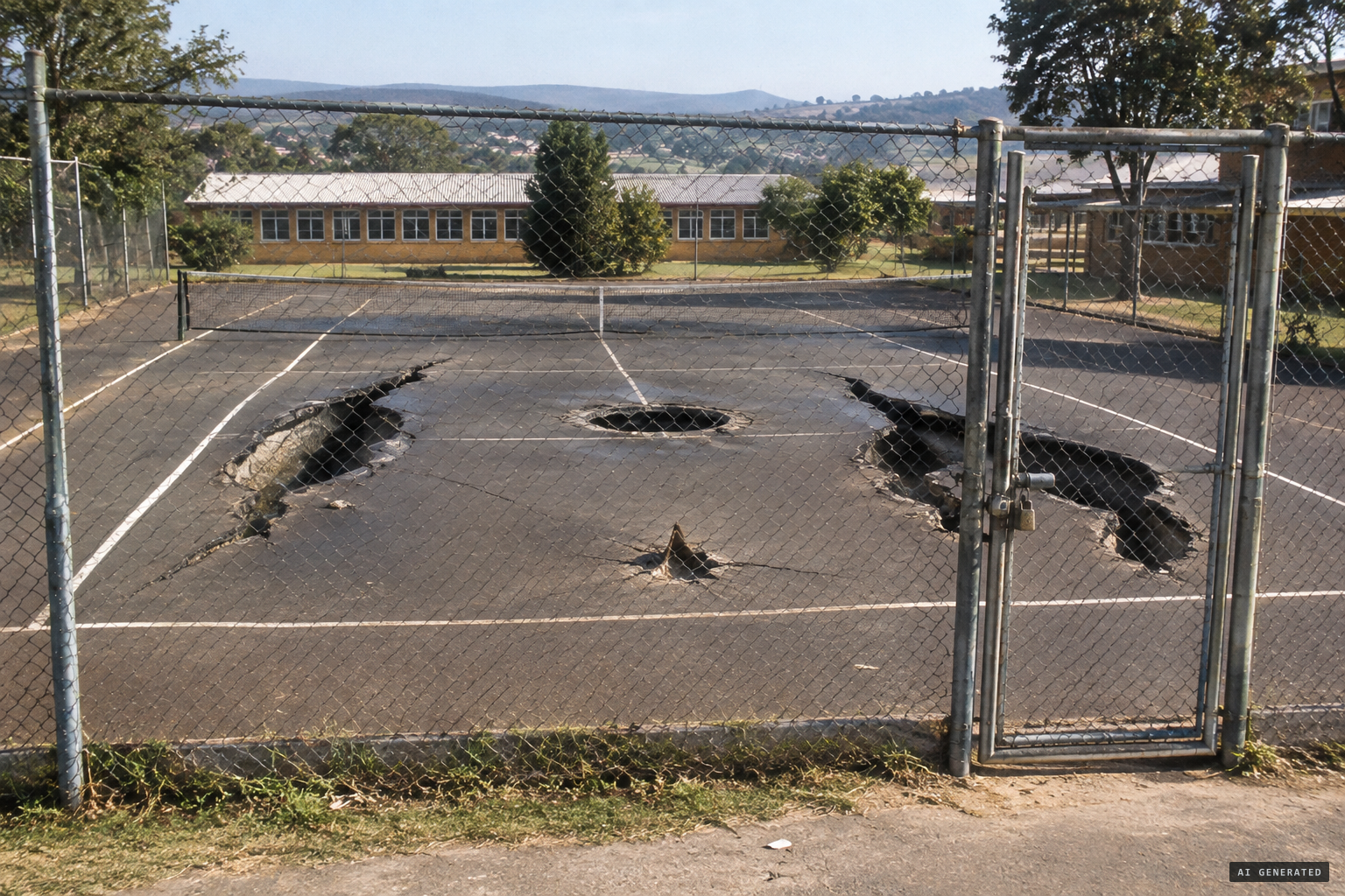 Symmetrical imprints in the broken tar inside the locked, unbuckled fence