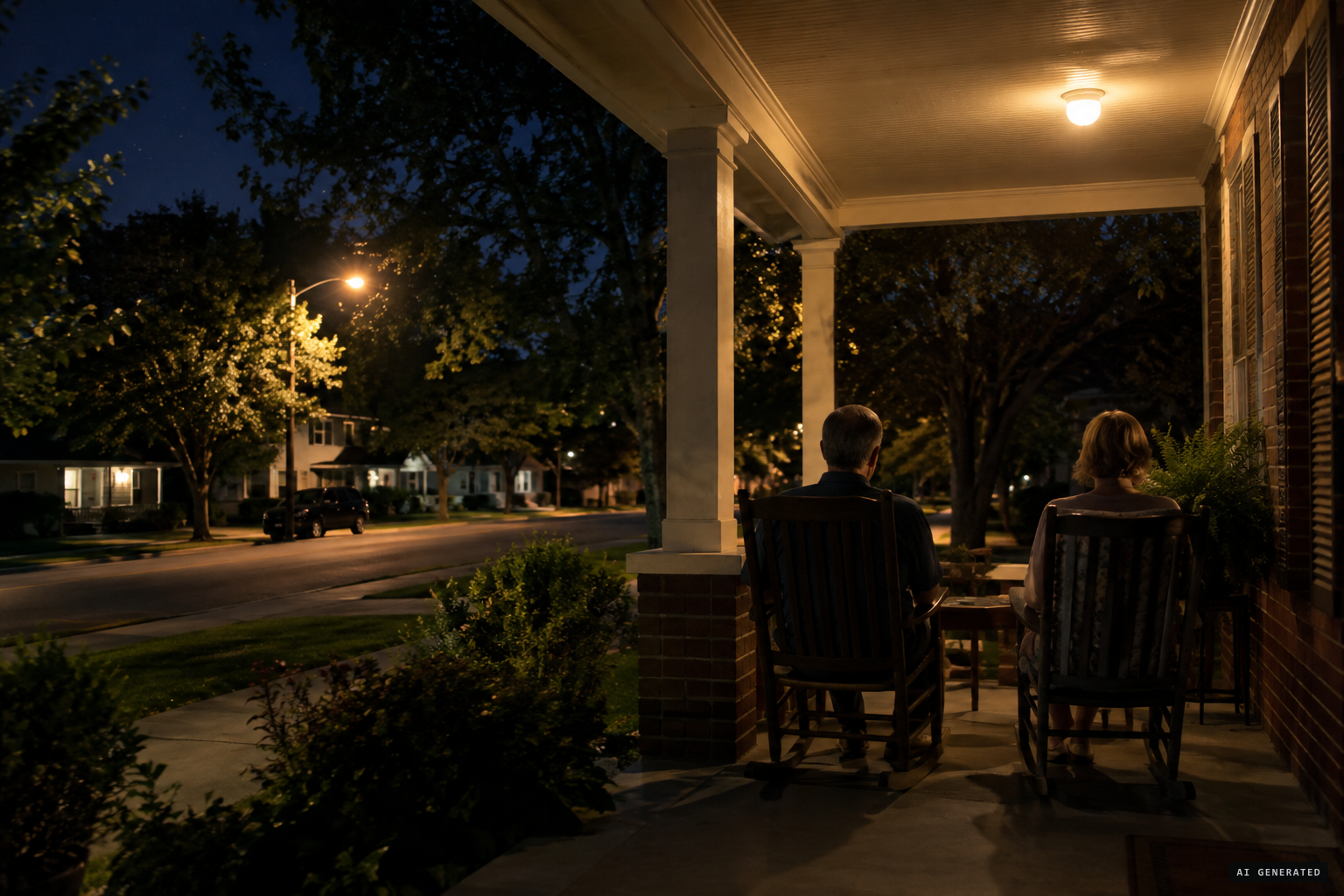 Dan Wilmot and his wife on their porch at 105 South Penn, a Wednesday night in the summer of 1947
