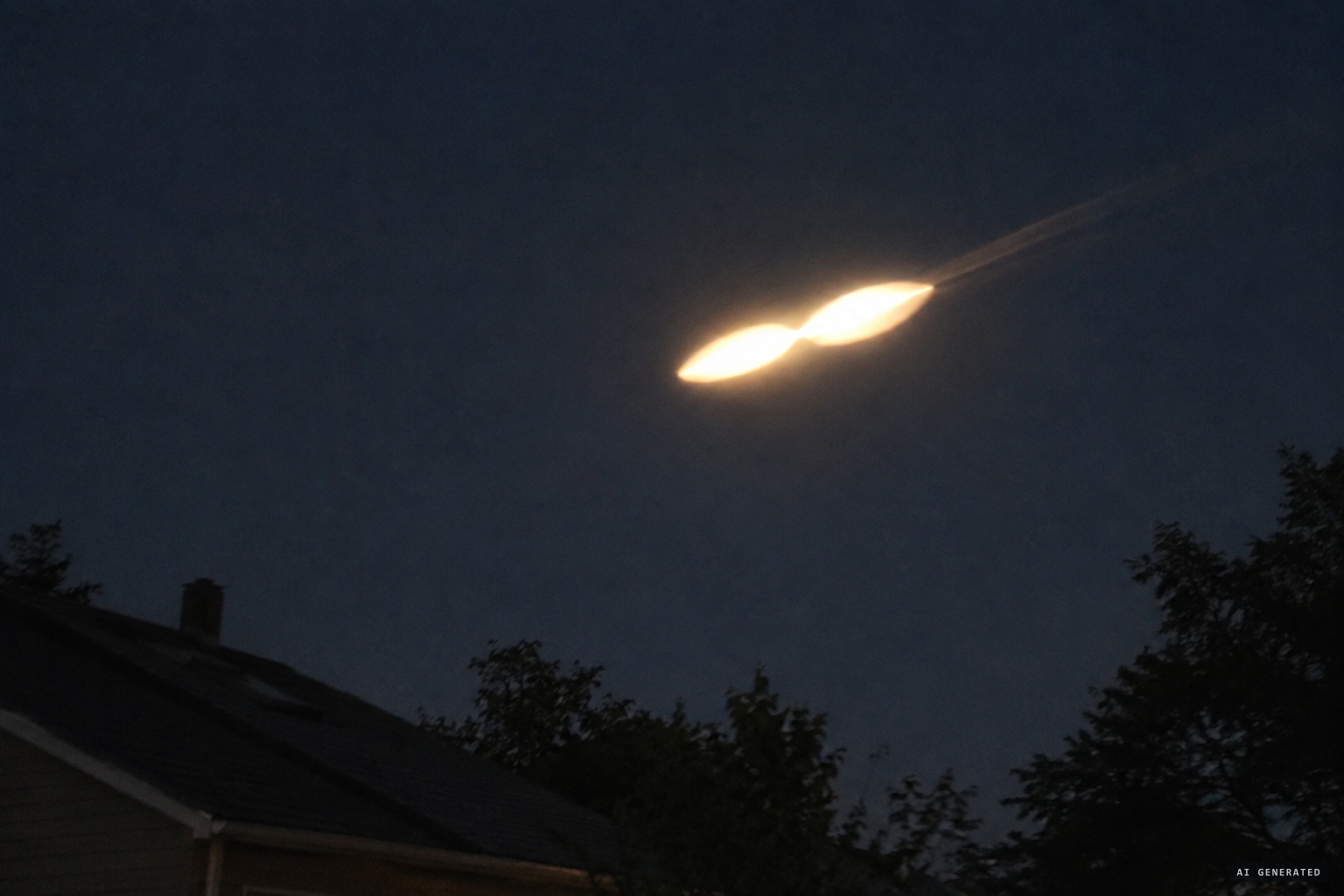 A large glowing oval, like two inverted saucers faced mouth to mouth, zooms out of the southeast