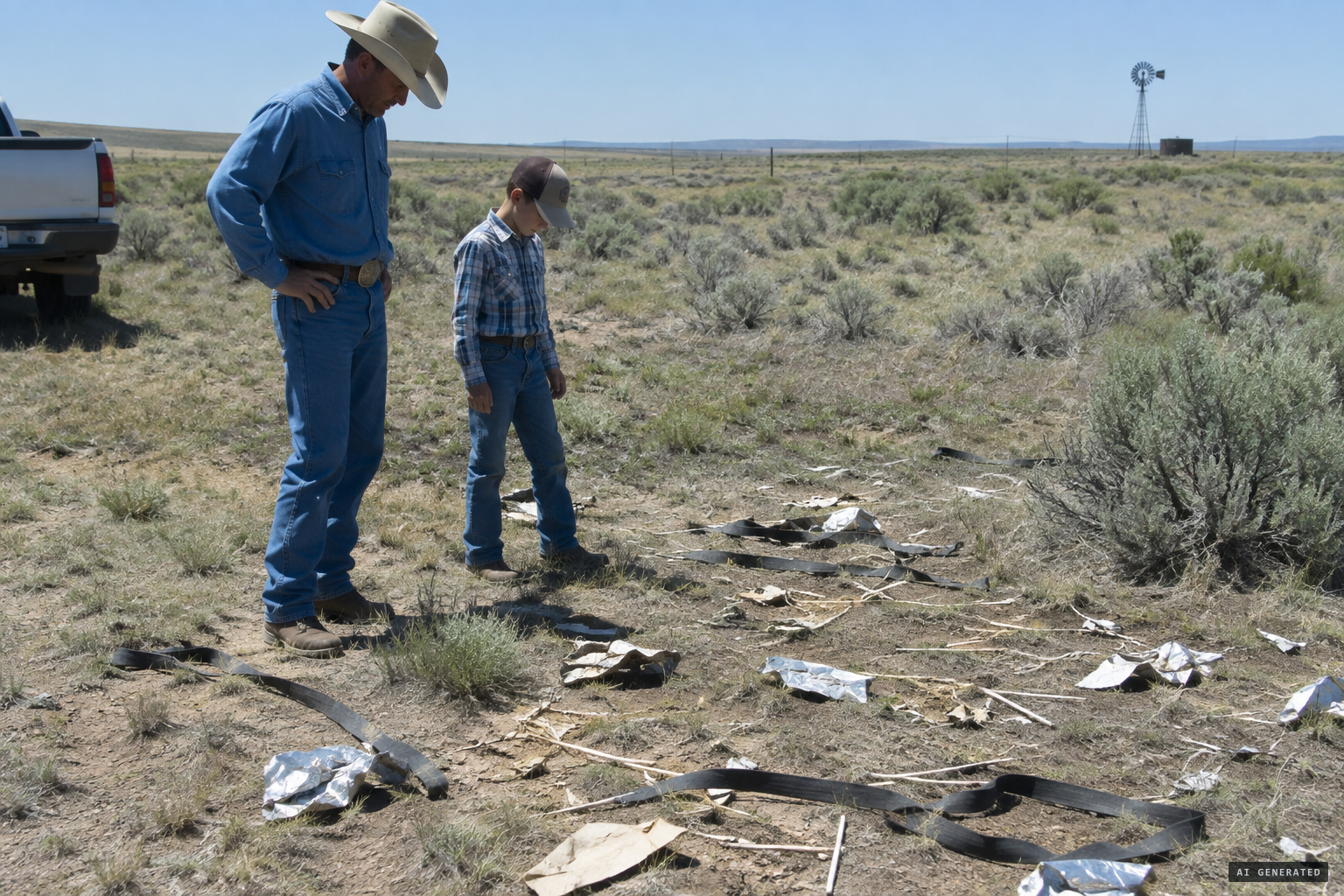 Mac Brazel and his son Vernon find debris scattered over some 200 yards of the Foster ranch
