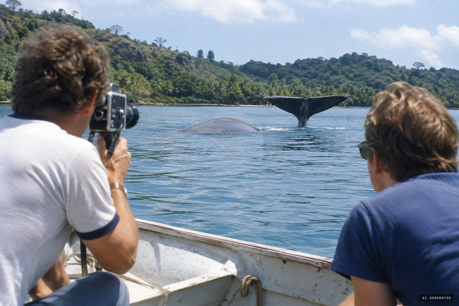 From the dinghy, the back and raised tail of the ri