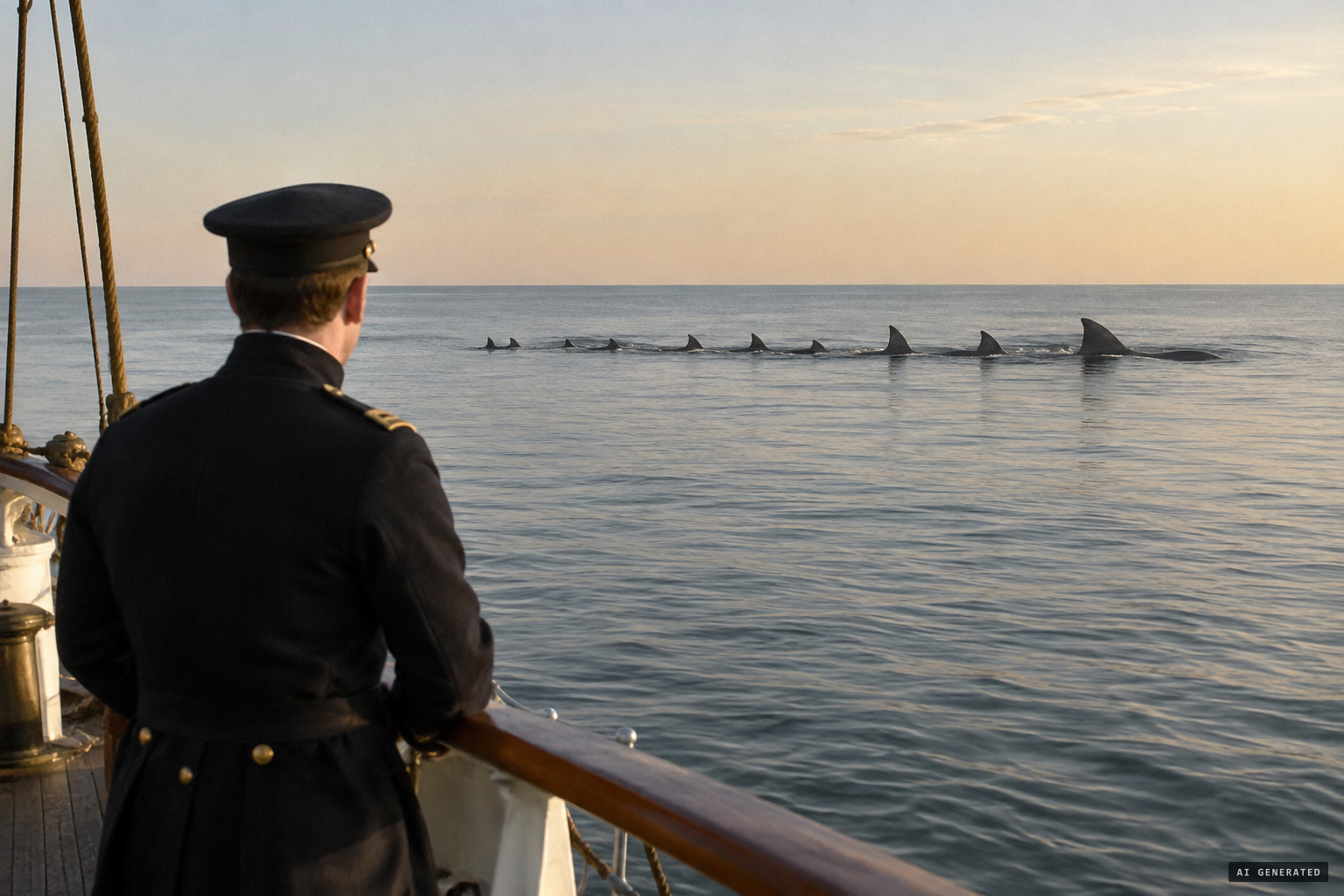 The officer of the watch sees a long ridge of fins moving slowly through the water