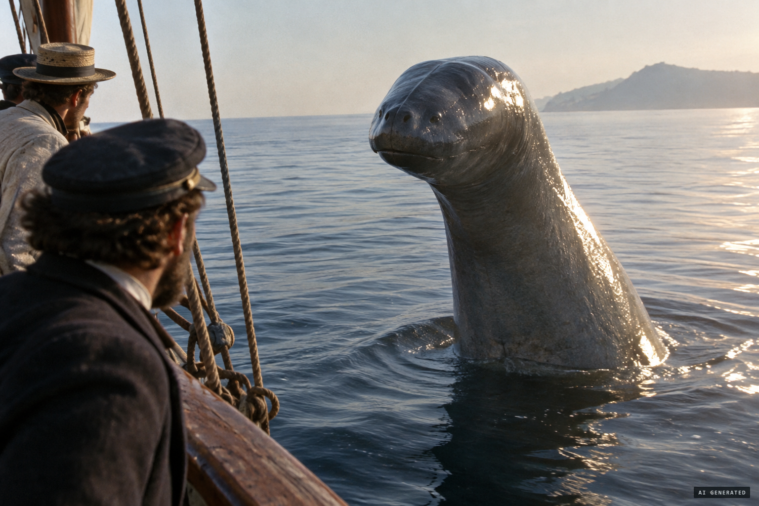 The foremost part of a gigantic monster rises where the fins had been