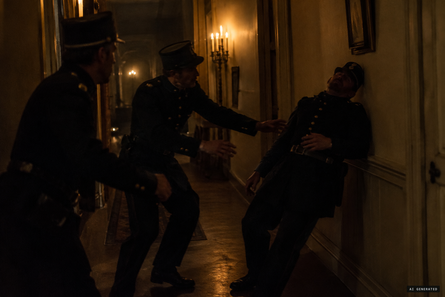 The brigadier is seized by a violent shock while the police guard the house