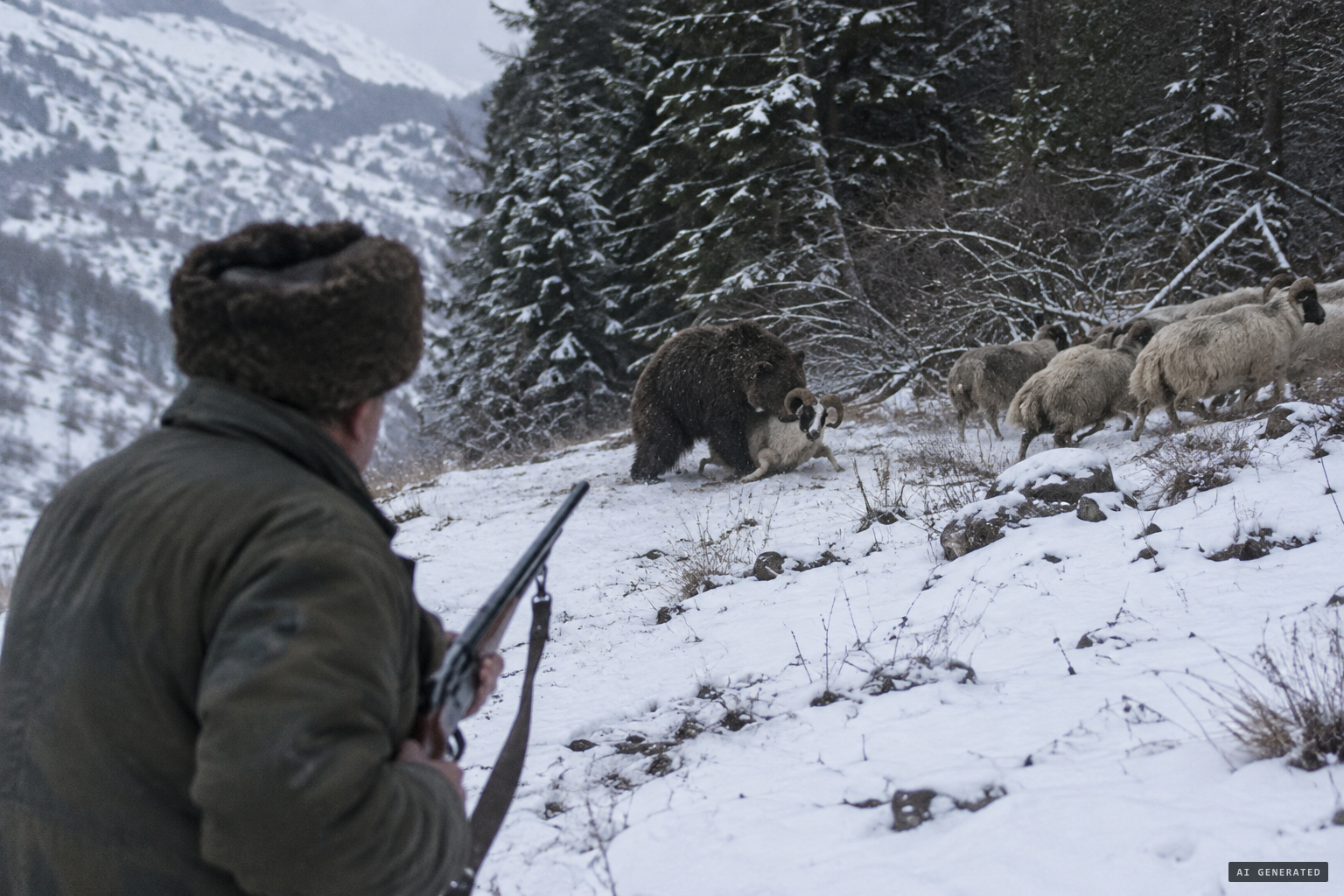 The hunter sees what he takes for a bear grab a ram