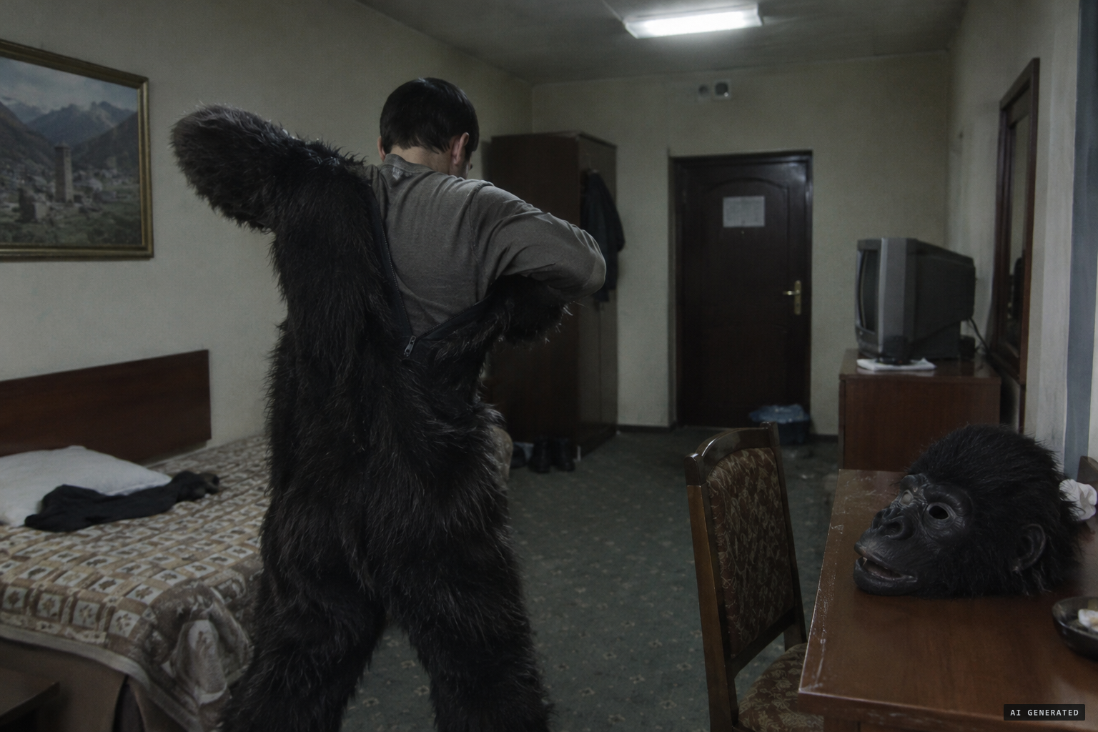 A worker in an ape suit, one version of who played the creature