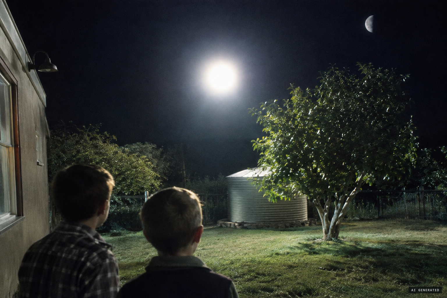 The sphere's glow and moonlight lighting the dark yard
