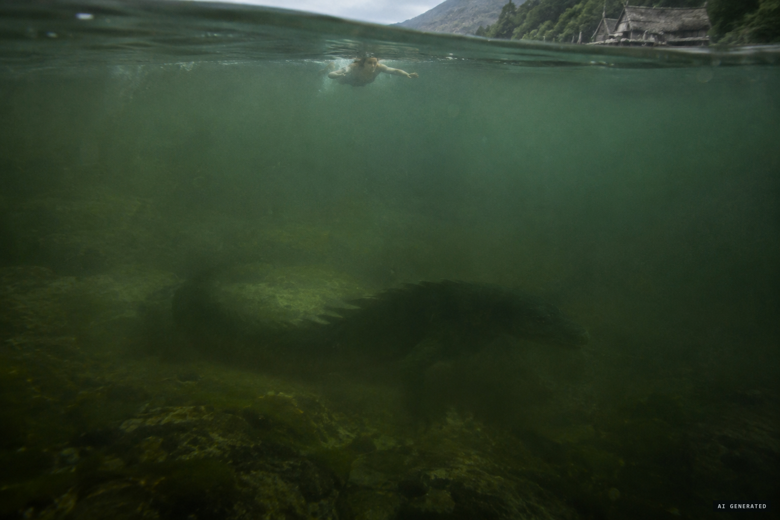 The monster lying at the bottom of the stream feels the water stir above