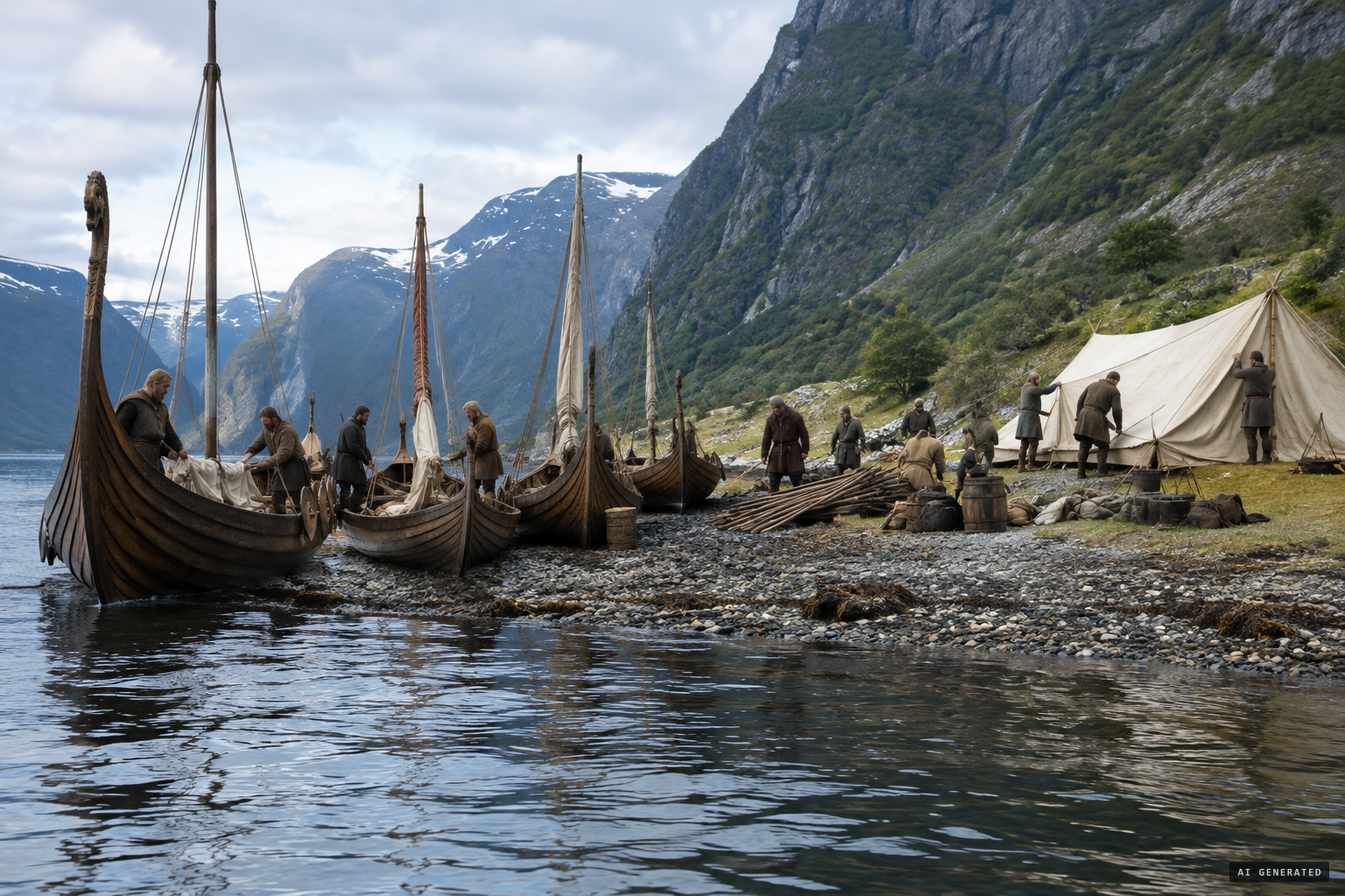 Olaf's five ships drawn up on the shore at Valdal, and his tent pitched at Sult.