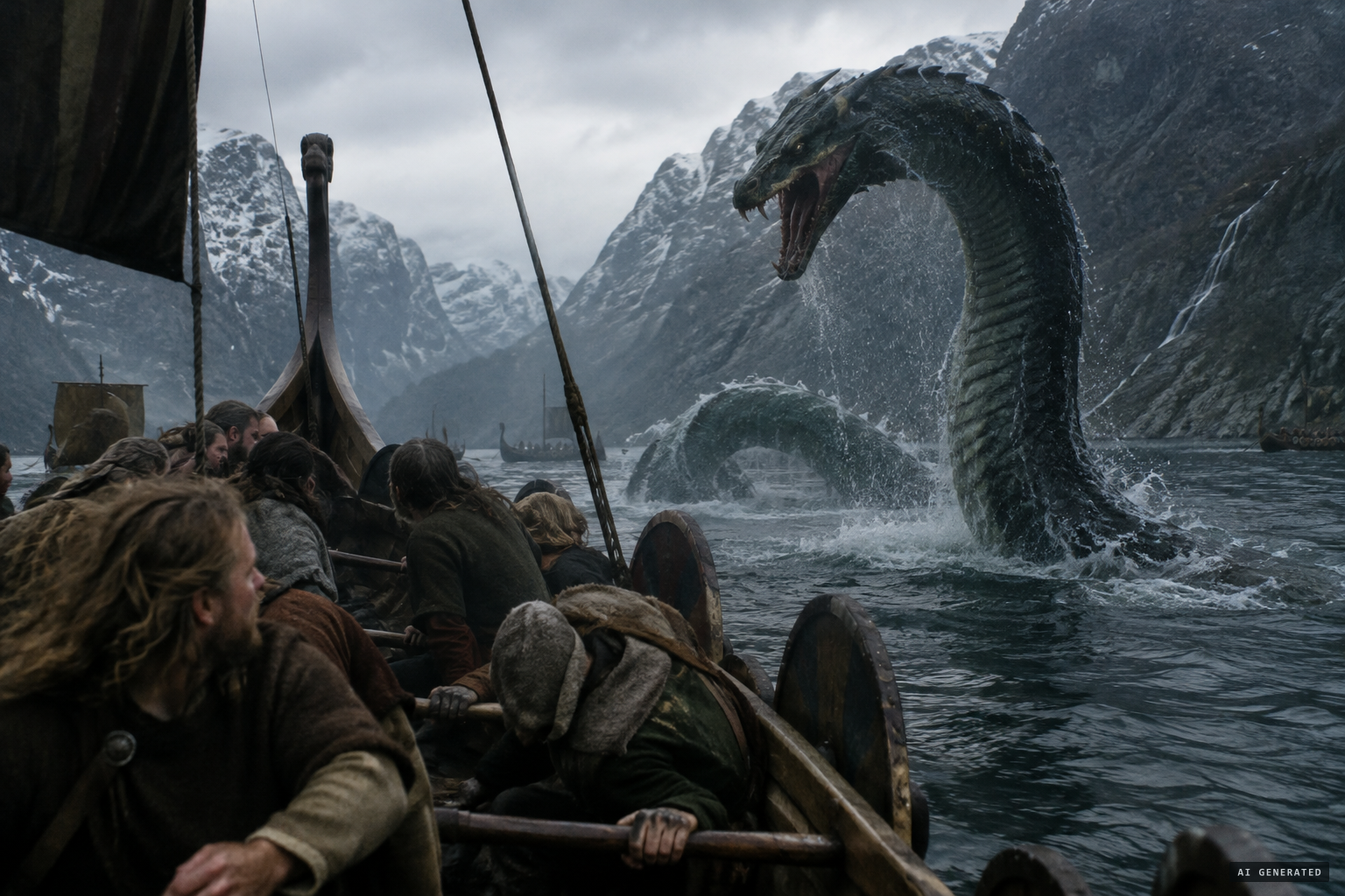 A monstrous sea serpent rises from the depths of the Storfjord.