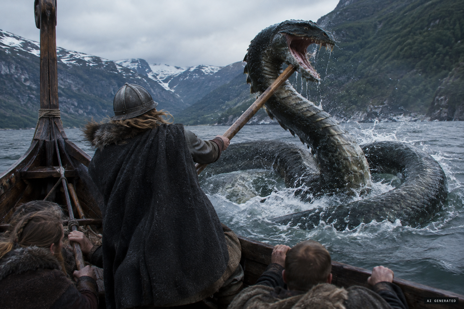 Olaf grabs the serpent with an oar and struggles until he overcomes it.