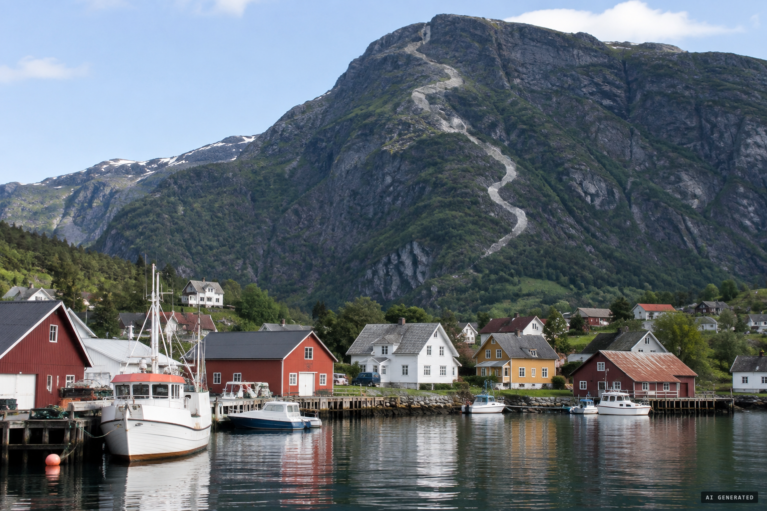 Sylteormen, the long pale snake-like mark on Syltefjellet, seen from the harbour.