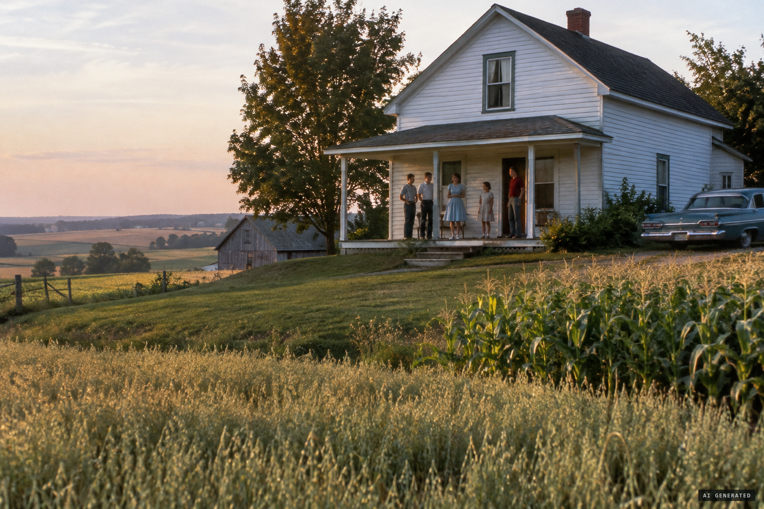 The farmhouse above the oat and corn fields where five young people from two families were together