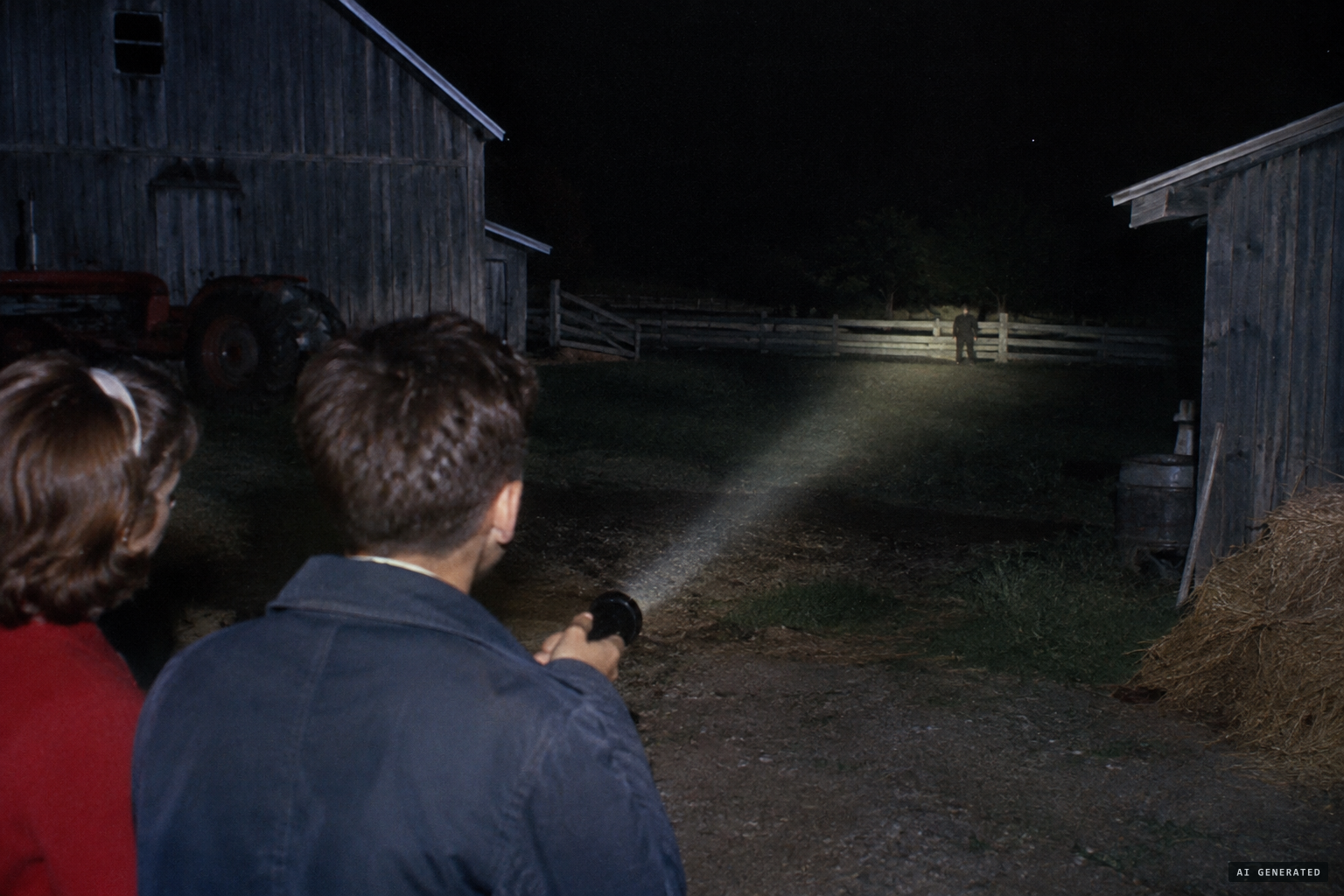Denis's flashlight finds a figure standing at the wooden fence