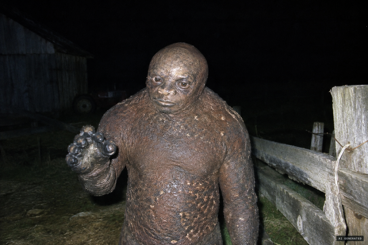 The being: about 4 feet tall, bald, no neck, wrinkled scabby brown skin