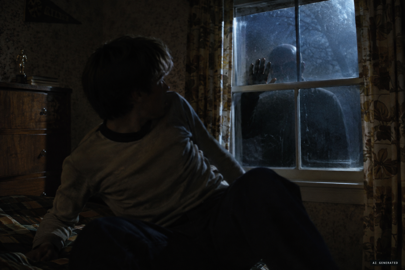 Upstairs, the hand knocks at the window pane