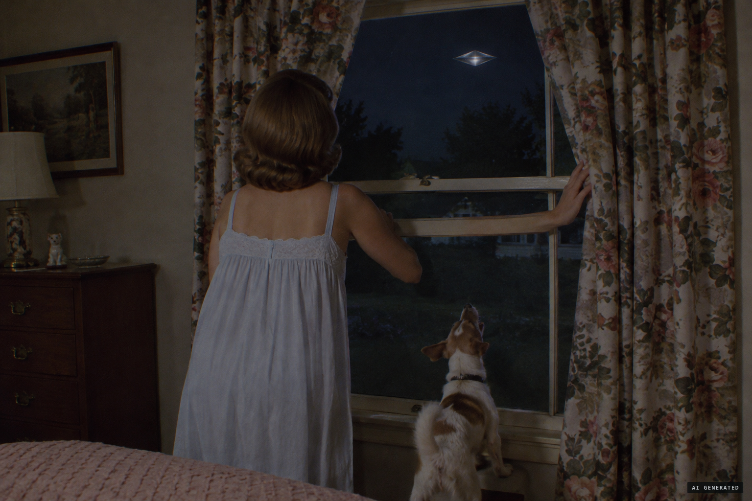 She opens the curtains to see a silver diamond hovering over the neighbour's trees